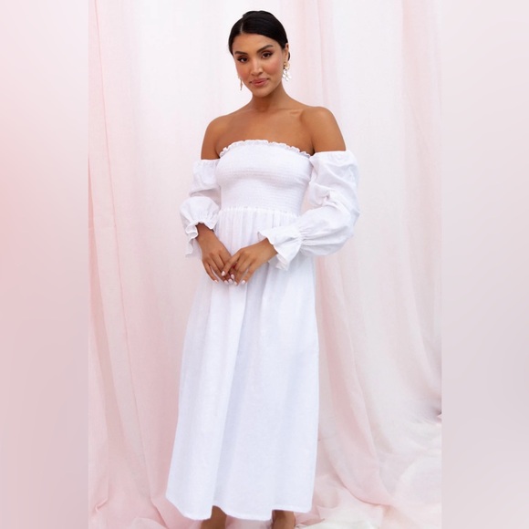 Petal & Pup White Domenica Shirred Long Sleeve Midi Dress - Picture 3 of 8